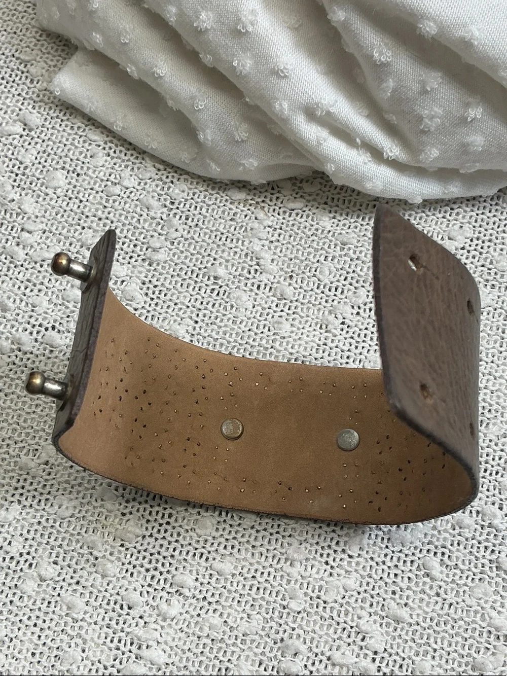 Brown Studded Noir Leather Cuff Bracelet with Engraved Silver Buckle
